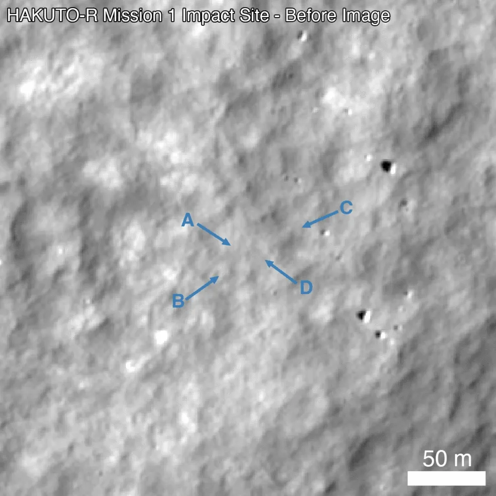 Место падения и остатки модуля по данным орбитального аппарата LRO<br>NASA’s Goddard Space Flight Center / Arizona State University<br>