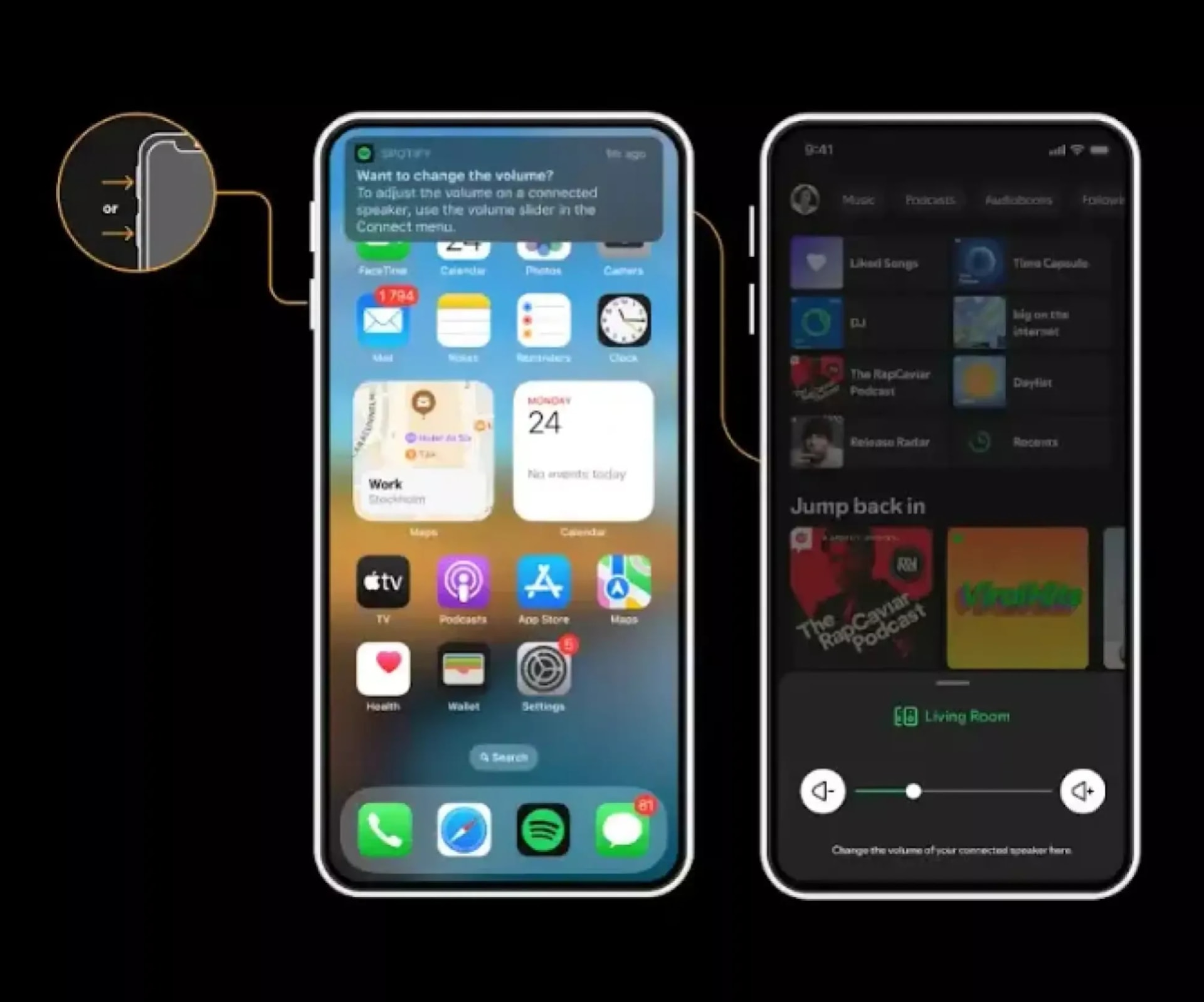 Пример уведомления Spotify при попытке использовать физические кнопки iPhone и то, как выглядит ползунок громкости приложения Spotify. Credit: Spotify